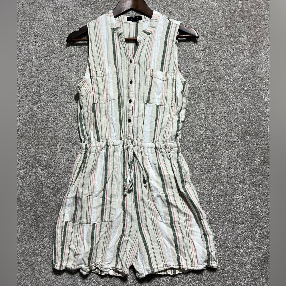 Kelly Renee Woman’s Linen Rayon Green Striped Shorts Romper Size Small